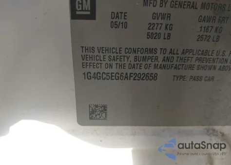 2010 Buick Lacrosse Cxl z USA, uszkodzony, nr VIN 1G4GC5EG6AF292658